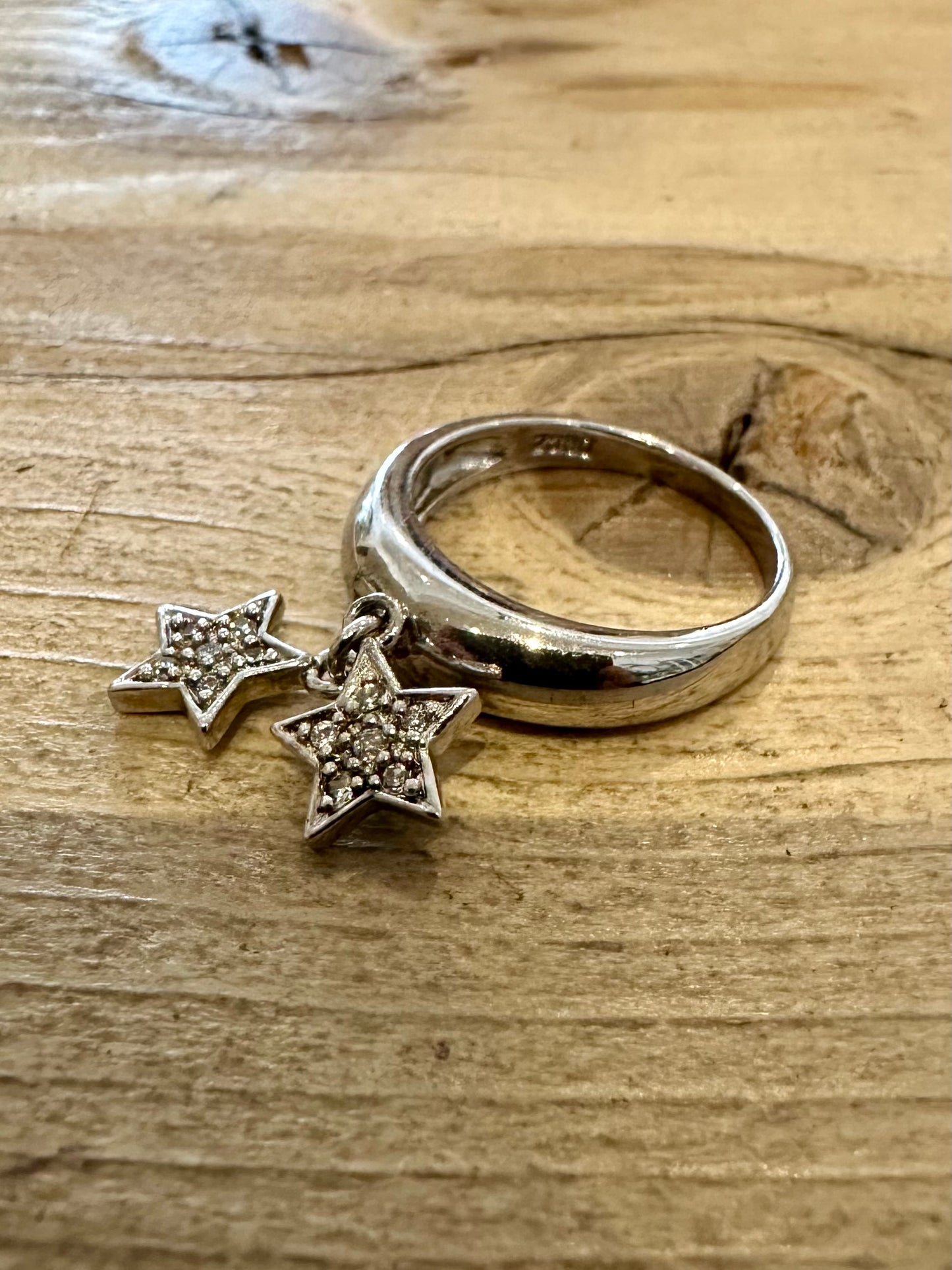 Vintage Double CZ Star Charm 925 Silver Size M1/2 Ring