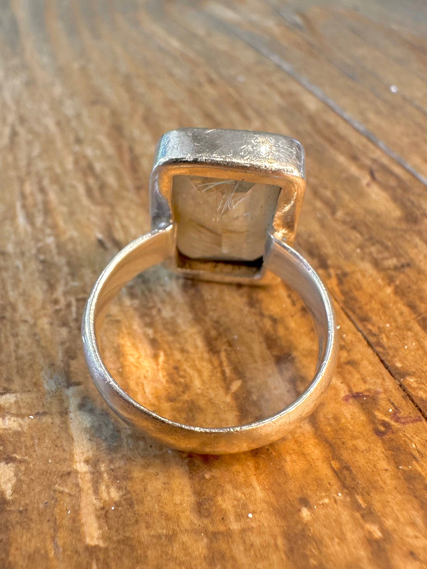 Golden Rutilated Quarts Rectangle 925 Sterling Silver Size M1/2 Ring