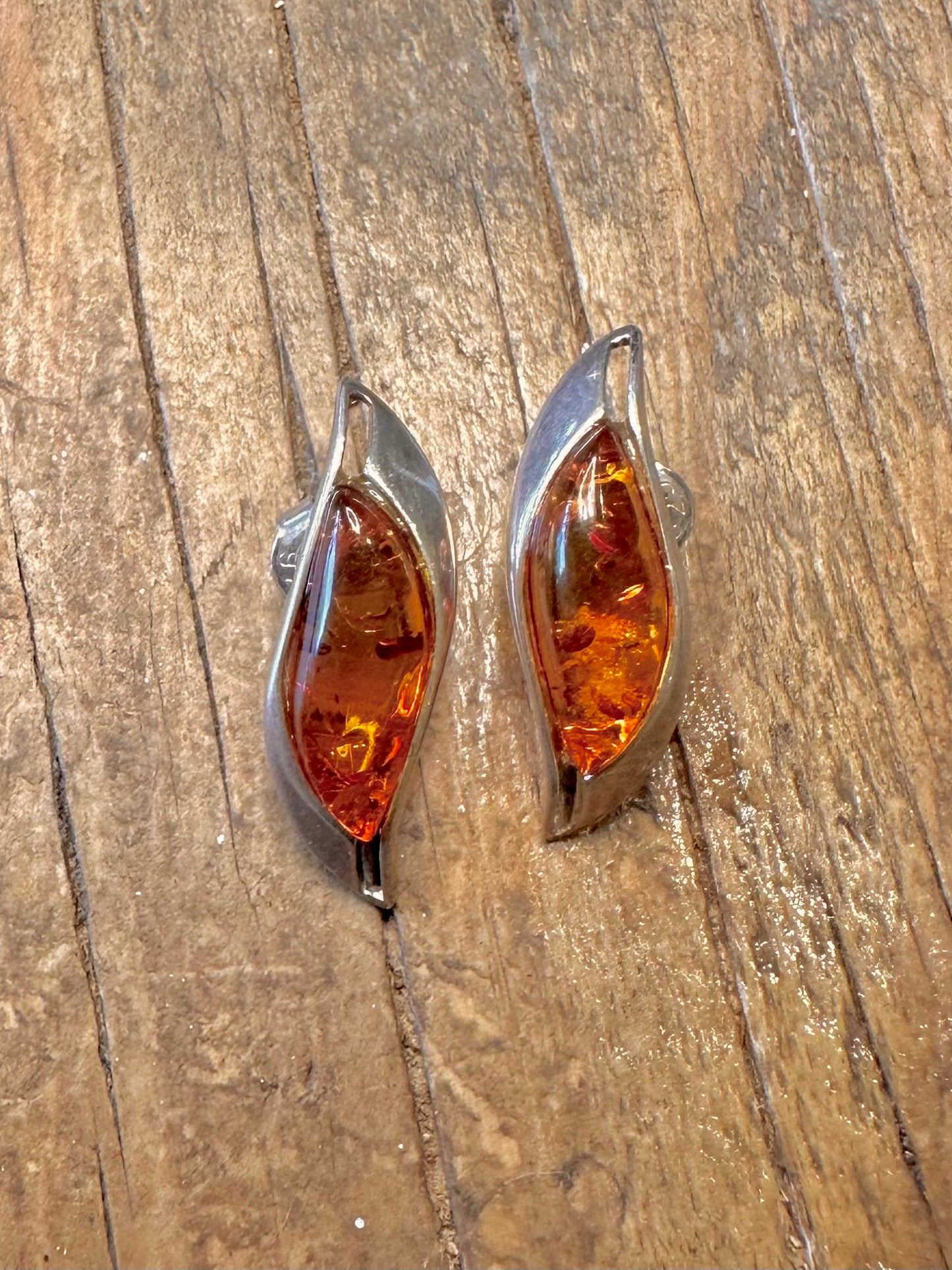 Abstract Amber Modernist Stud 925 Sterling Silver Earrings