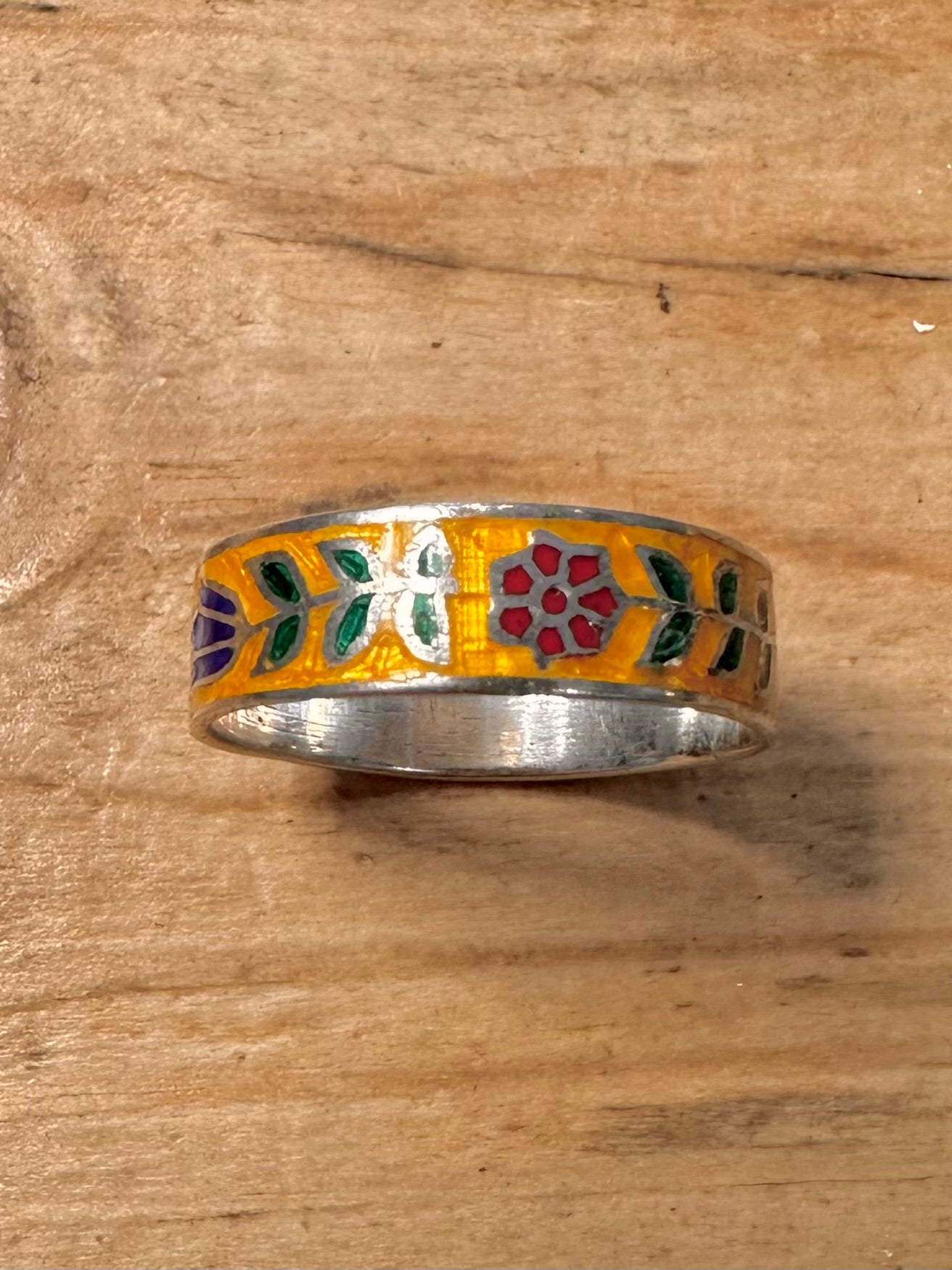 Vintage Enamel Flower Siam 925 Silver Size P1/2 Ring