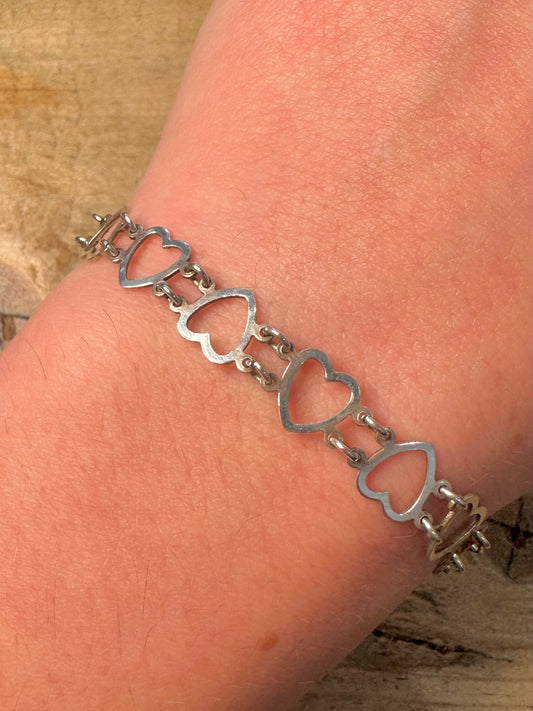Vintage Heart Link 925 Silver 7.1 inch Bracelet