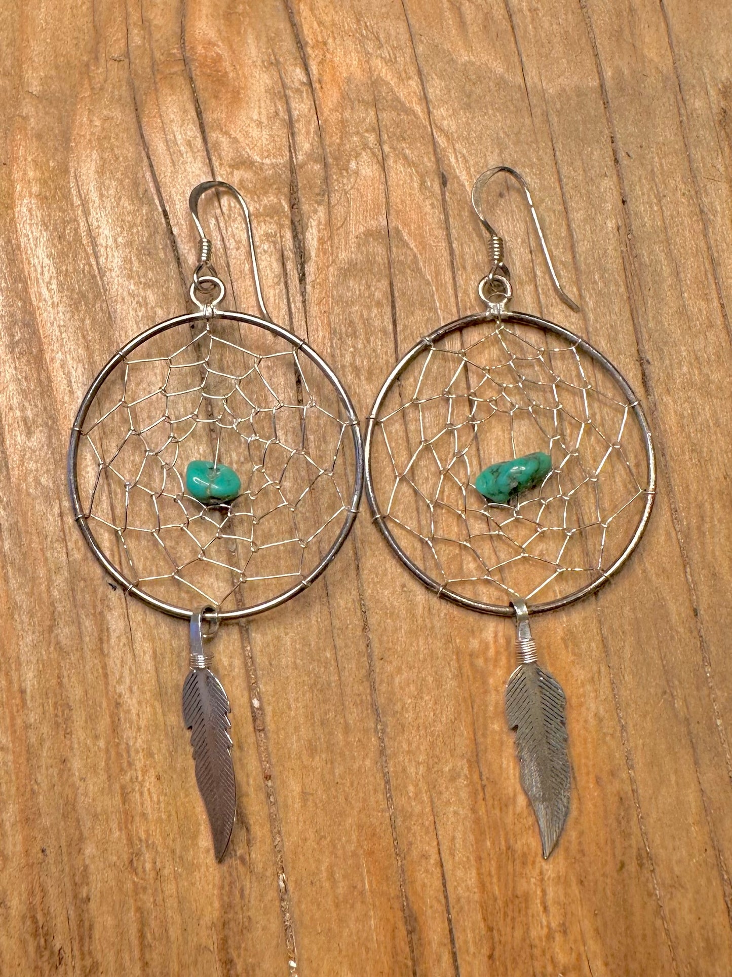 Vintage Traumfänger Türkis Feder 925 Sterling Silber Ohrringe