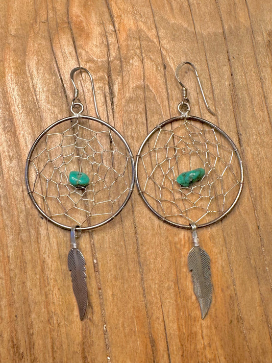 Vintage Traumfänger Türkis Feder 925 Sterling Silber Ohrringe