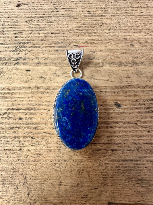 Vintage Large Oval Lapis Tribal 925 Silver Pendant