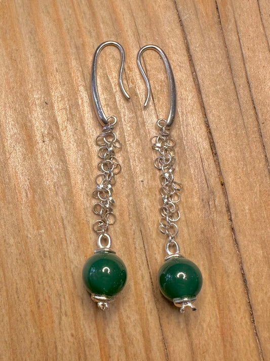 Modern Green Ball Chain Link Dangle 925 Sterling Silver Earrings