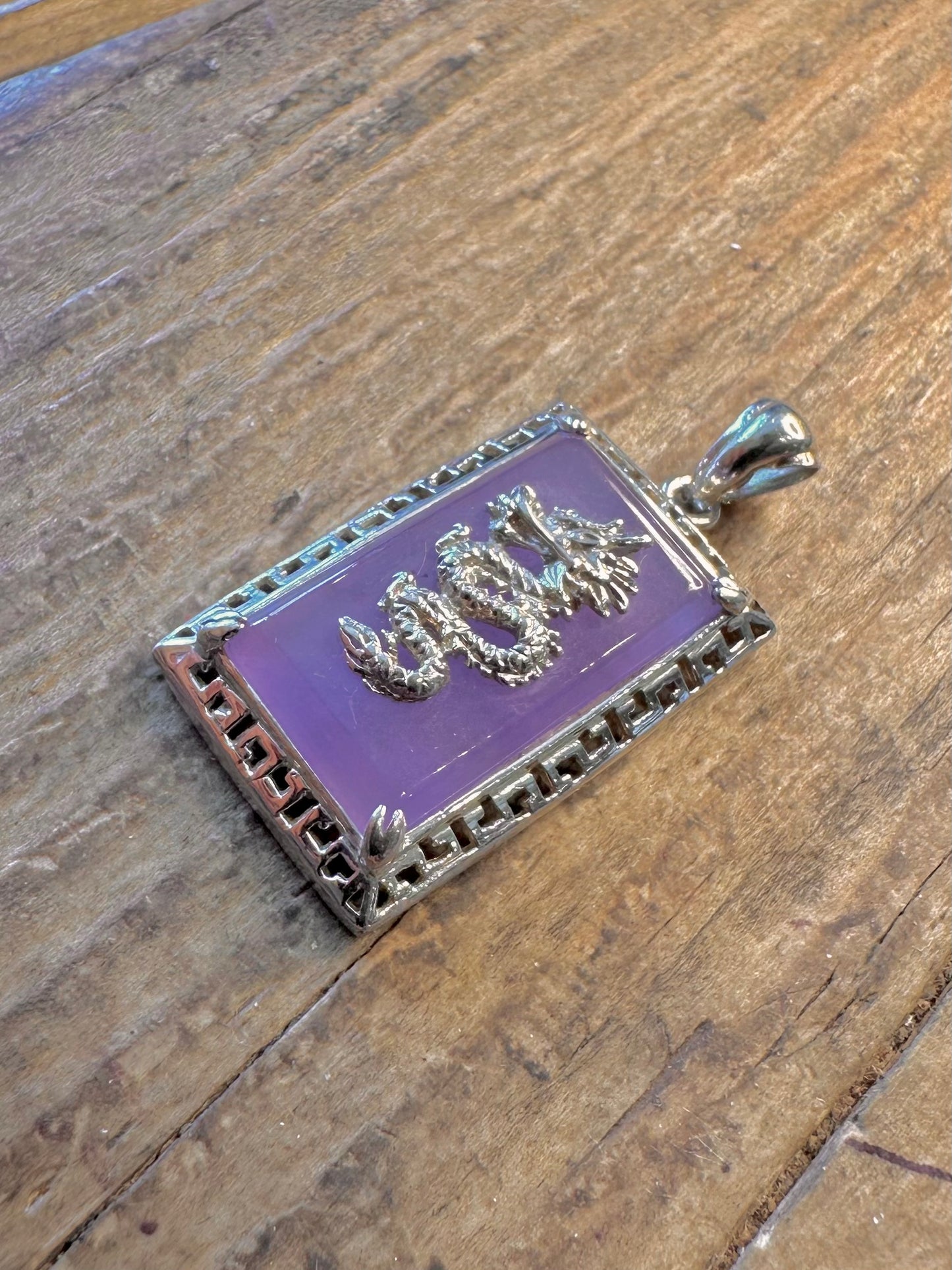 Purple Jade Dragon Rectangle 925 Sterling Silver Pendant