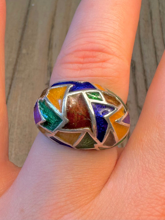 Colourful Enamel Dome 925 Sterling Silver Size P Ring