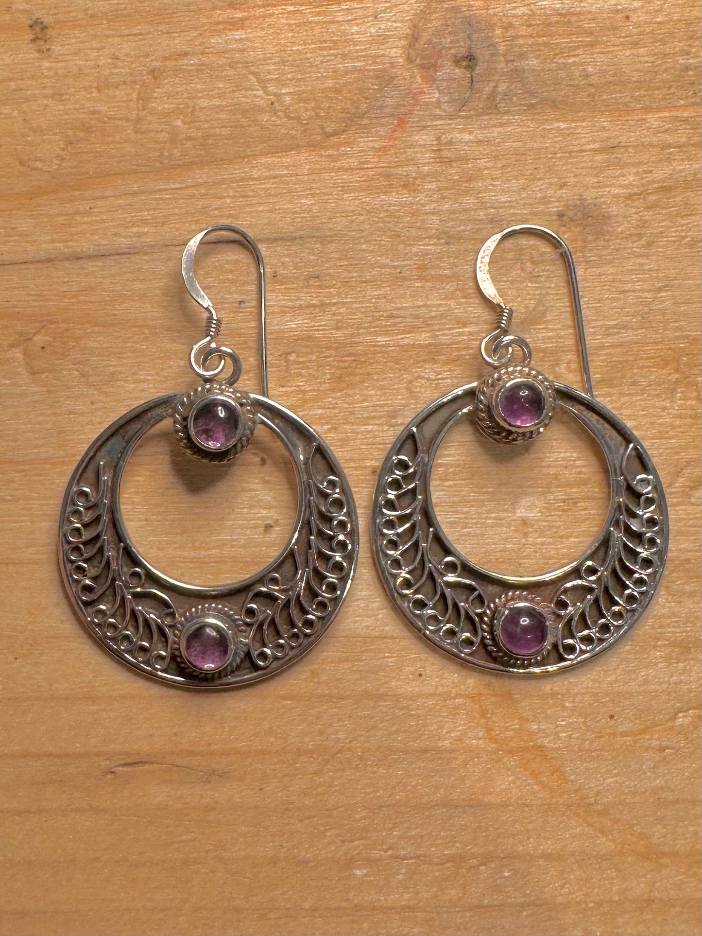 Vintage Amethyst Boho Style Circle 925 Silver Earrings