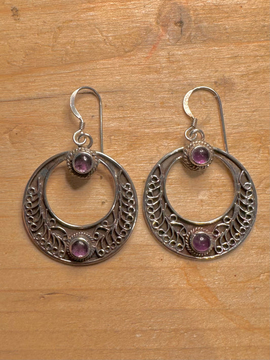 Vintage Amethyst Boho Style Circle 925 Silver Earrings