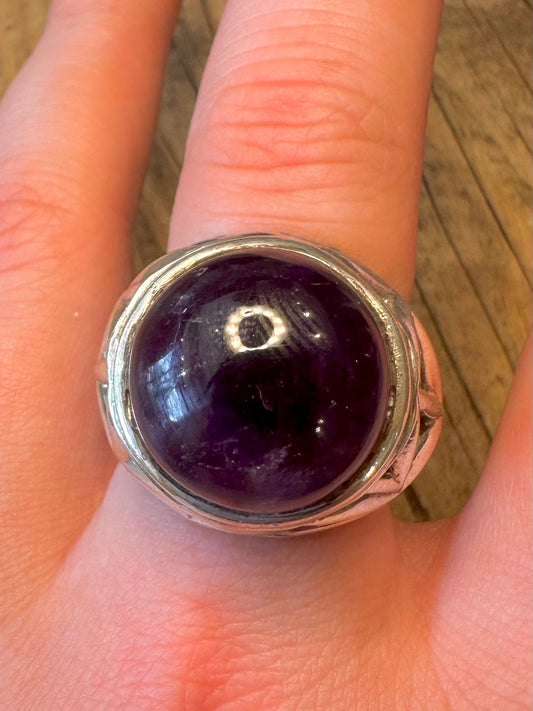 Amethyst Dome Geometric 925 Sterling Silver Size S Ring