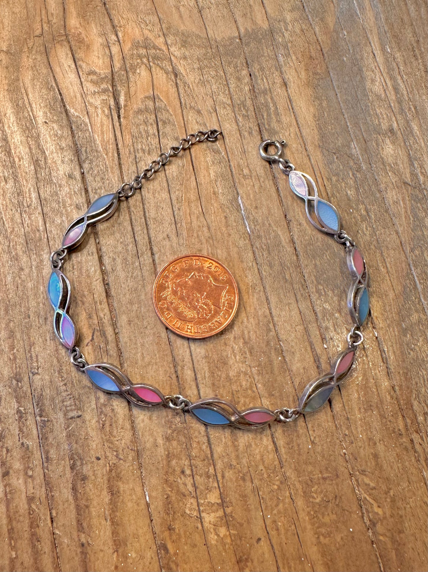Blau Rosa Perlmutt 925er Sterlingsilber 7 bis 8.1 Armband