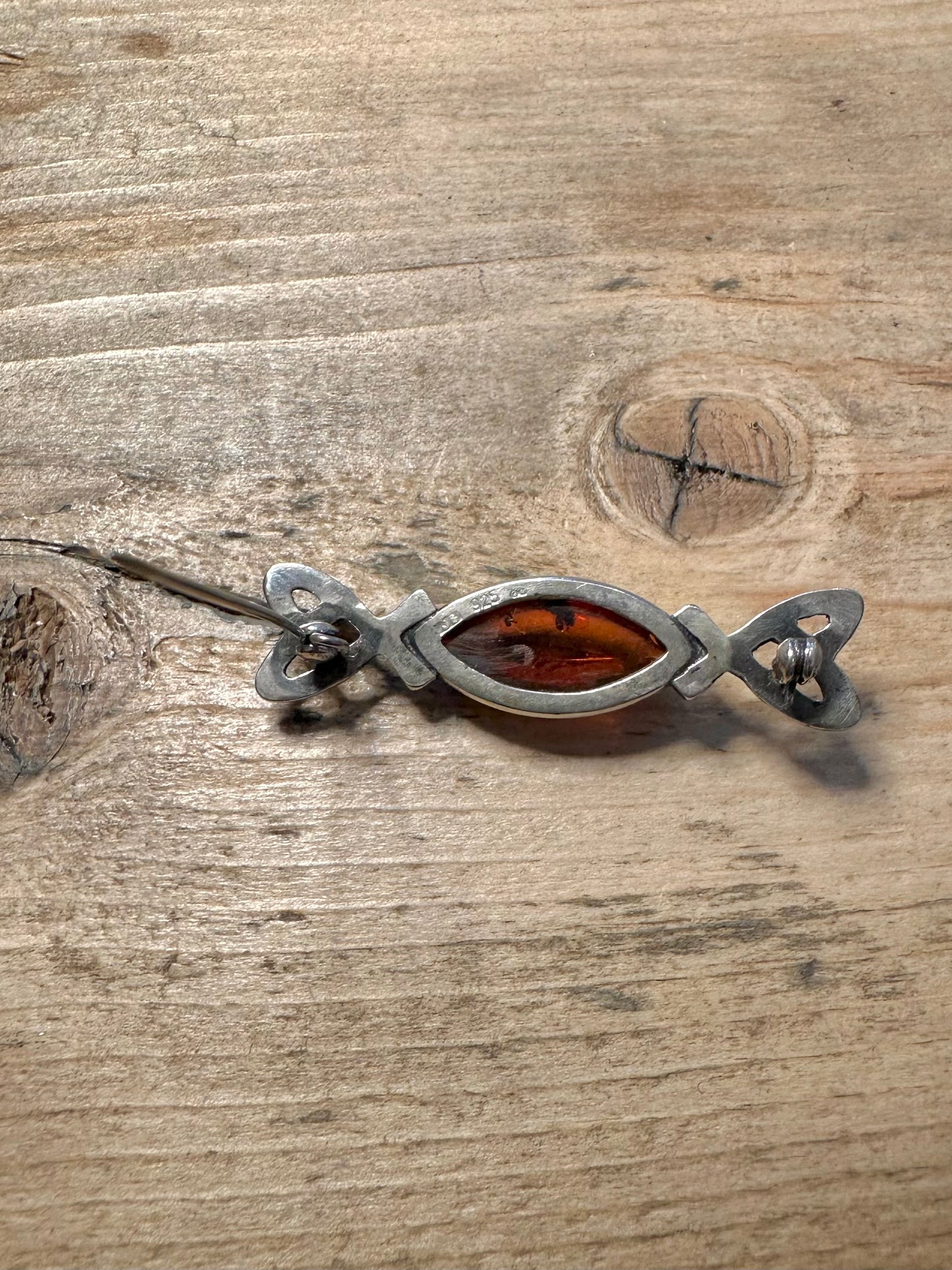 Vintage Celtic Amber 925 Silver Brooch