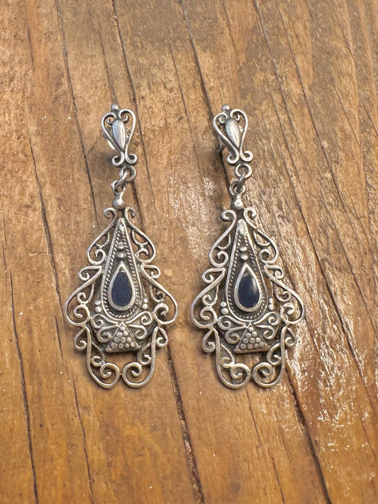 Ornate Dangle Filigree Blue Tear Drop 925 Sterling Silver Earrings