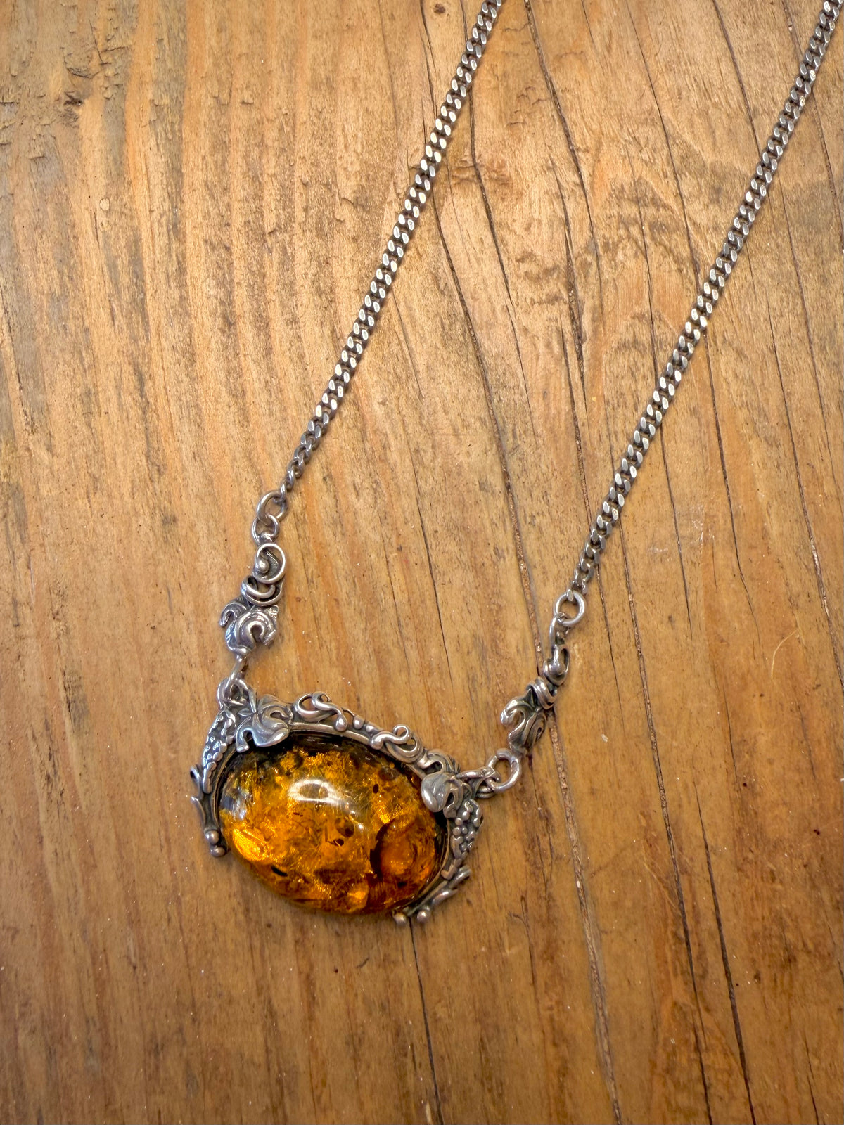 Amber Ornate Floral Design Curb Chain 925 Sterling Silver 16.5 inch Necklace
