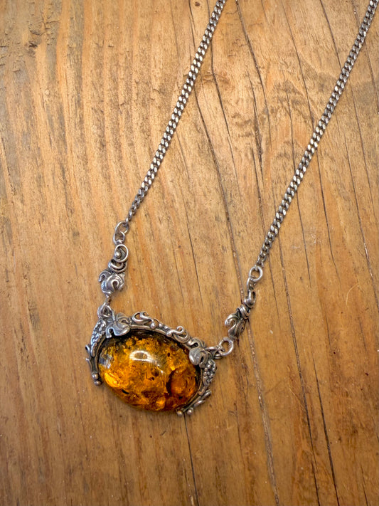 Amber Ornate Floral Design Curb Chain 925 Sterling Silver 16.5 inch Necklace