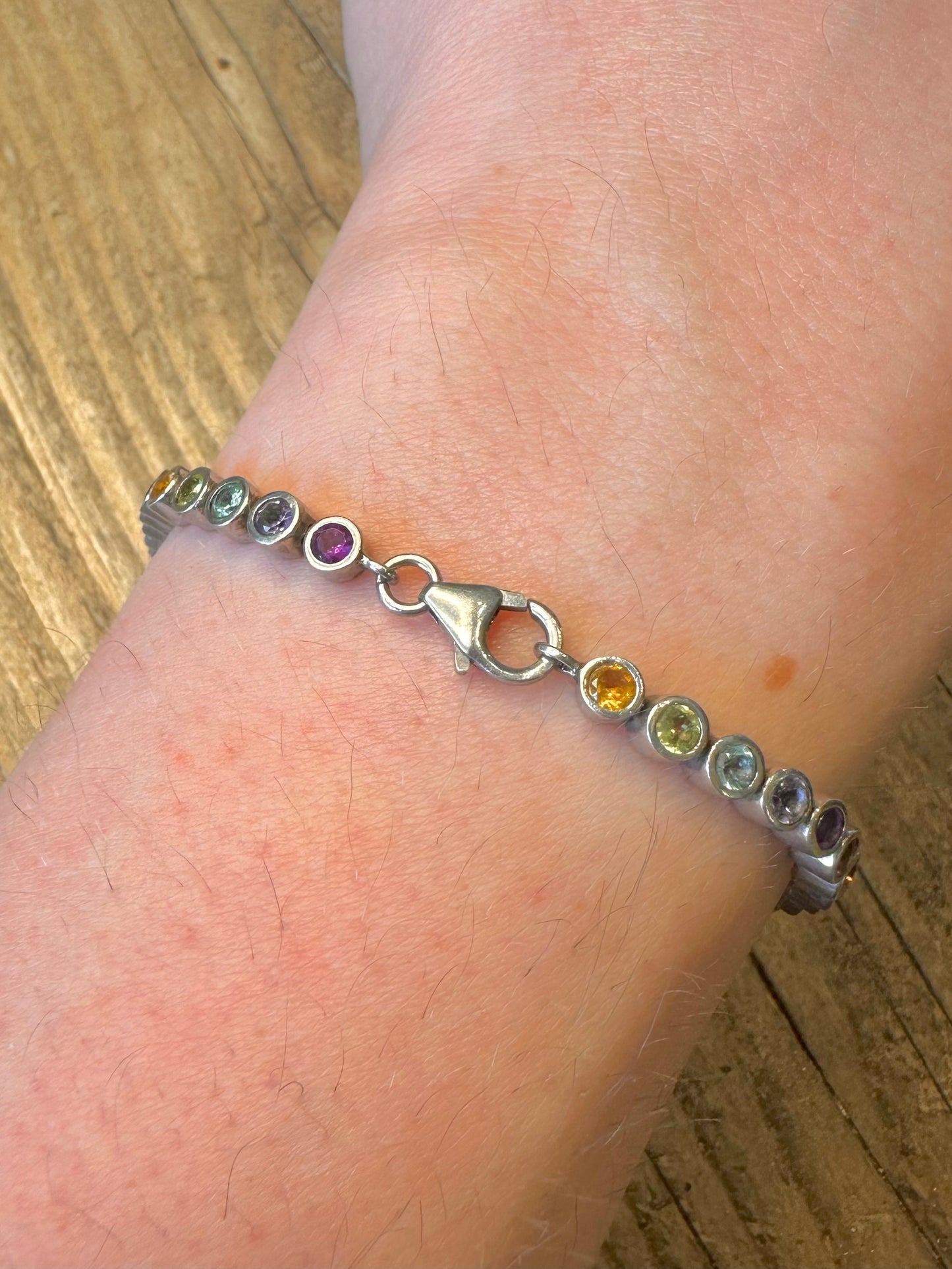 Multi Coloured Gemstones 925 Sterling Silver 7.5 inch Bracelet
