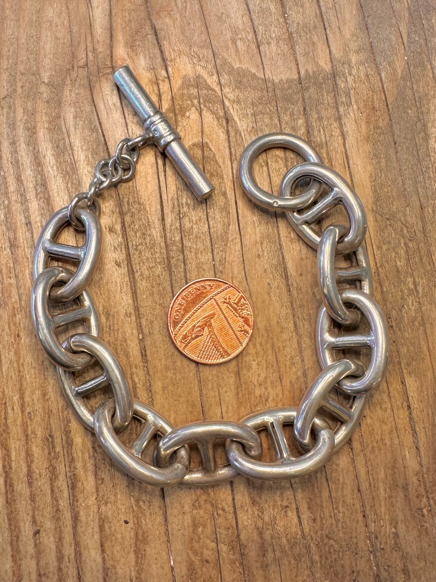 Klobiges Gliederarmband im Hermès-Stil, Knebelverschluss, 925er Sterlingsilber, 20,32 cm (8 Zoll)
