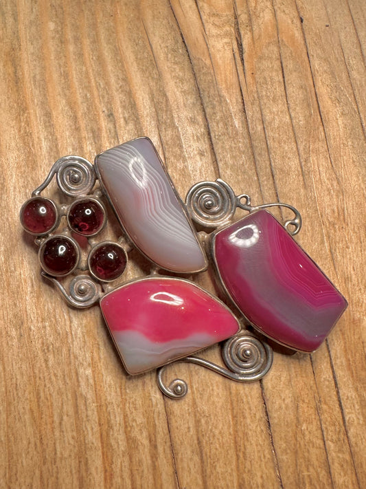Abstract Garnet and Agate Swirl Large 925 Sterling Silver Pendant