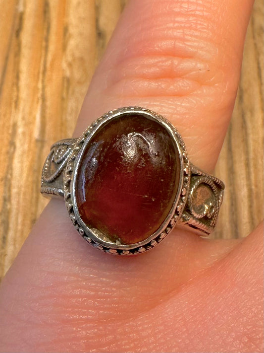 Vintage Red Agate Tribal 925 Sterling Silver Size N Ring