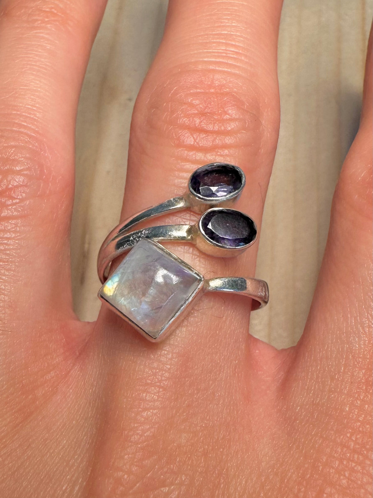 Rainbow Moonstone & Amethyst Boho 925 Sterling Silver Size Q Ring