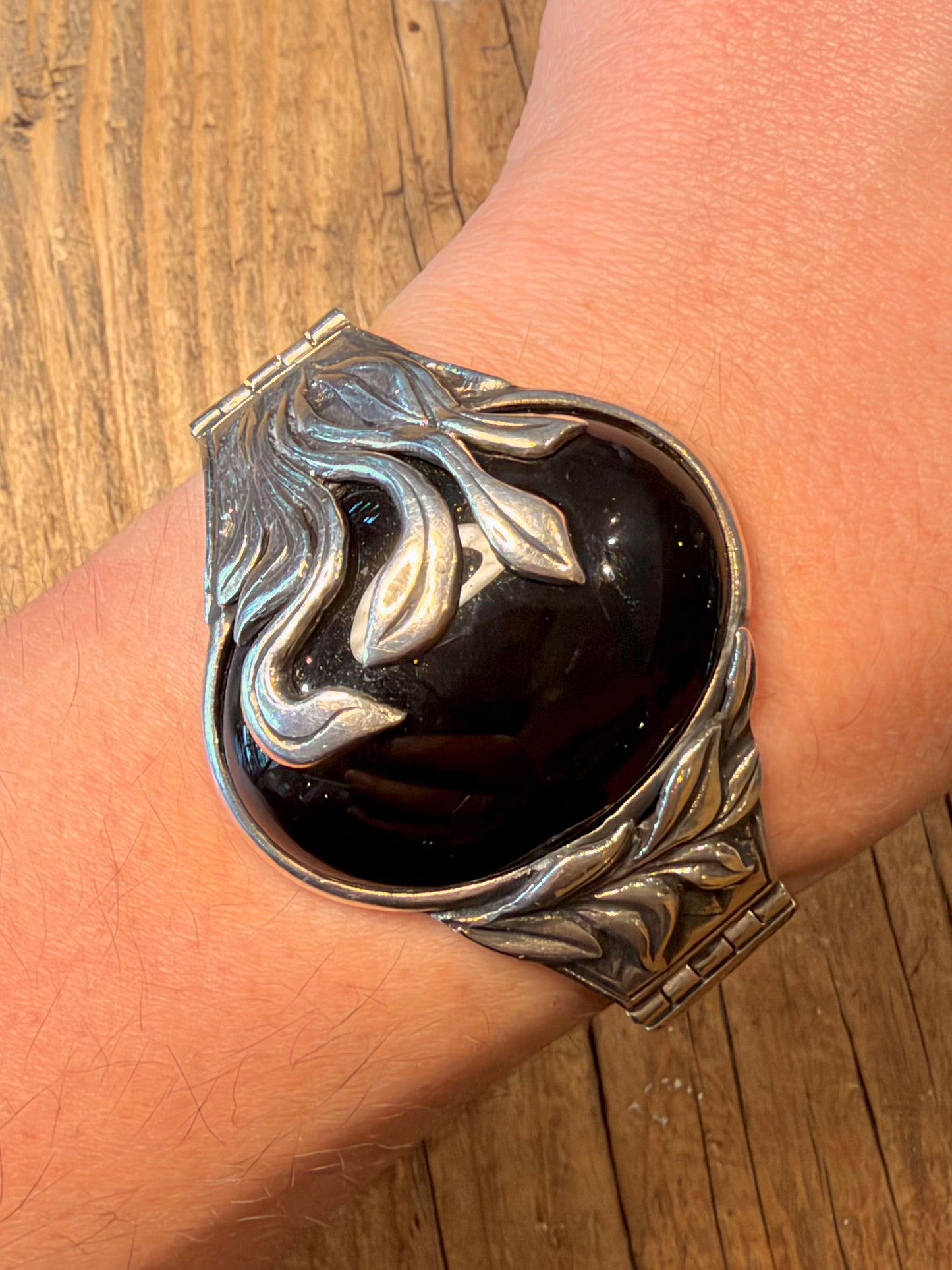 Art Nouveau Style Onyx Floral Woven Link 925 Sterling Silver 7.5 inch Bracelet