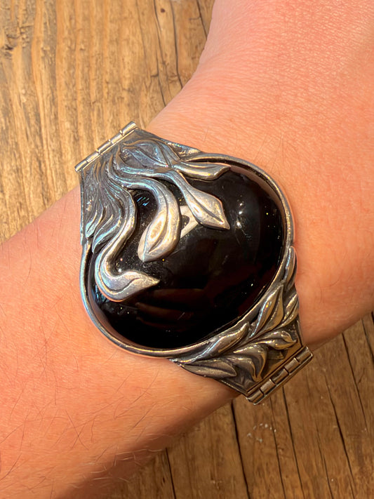 Art Nouveau Style Onyx Floral Woven Link 925 Sterling Silver 7.5 inch Bracelet