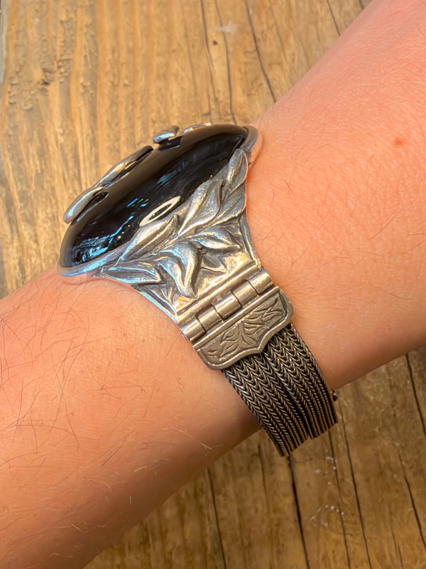 Art Nouveau Style Onyx Floral Woven Link 925 Sterling Silver 7.5 inch Bracelet