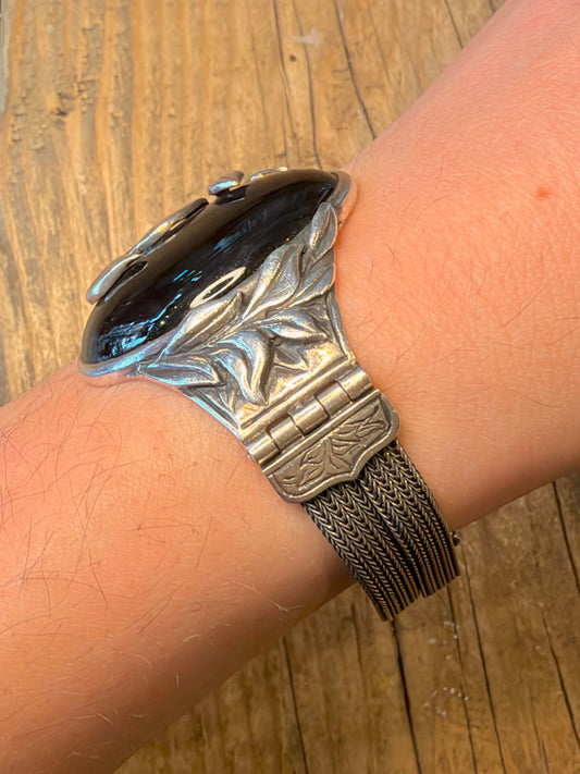 Art Nouveau Style Onyx Floral Woven Link 925 Sterling Silver 7.5 inch Bracelet