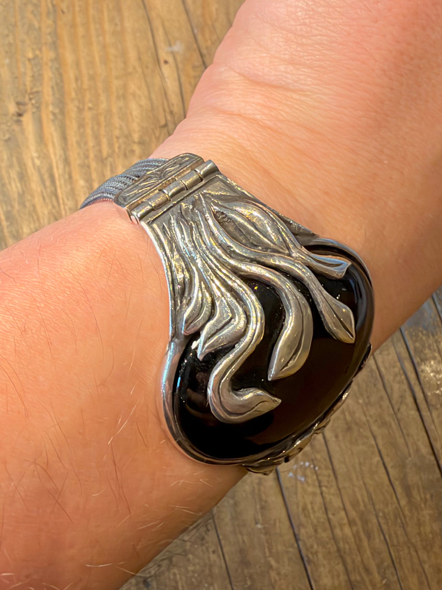Art Nouveau Style Onyx Floral Woven Link 925 Sterling Silver 7.5 inch Bracelet