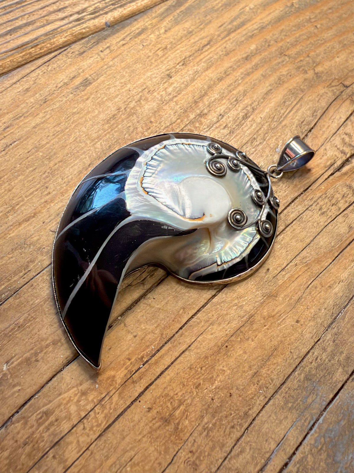 Large Black Nautilus Swirl 925 Sterling Silver Pendant