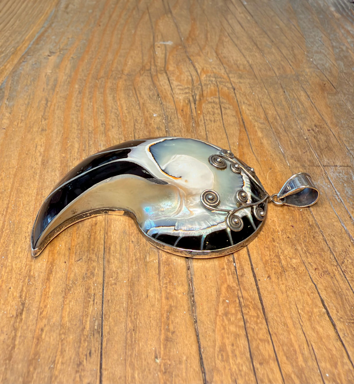 Large Black Nautilus Swirl 925 Sterling Silver Pendant