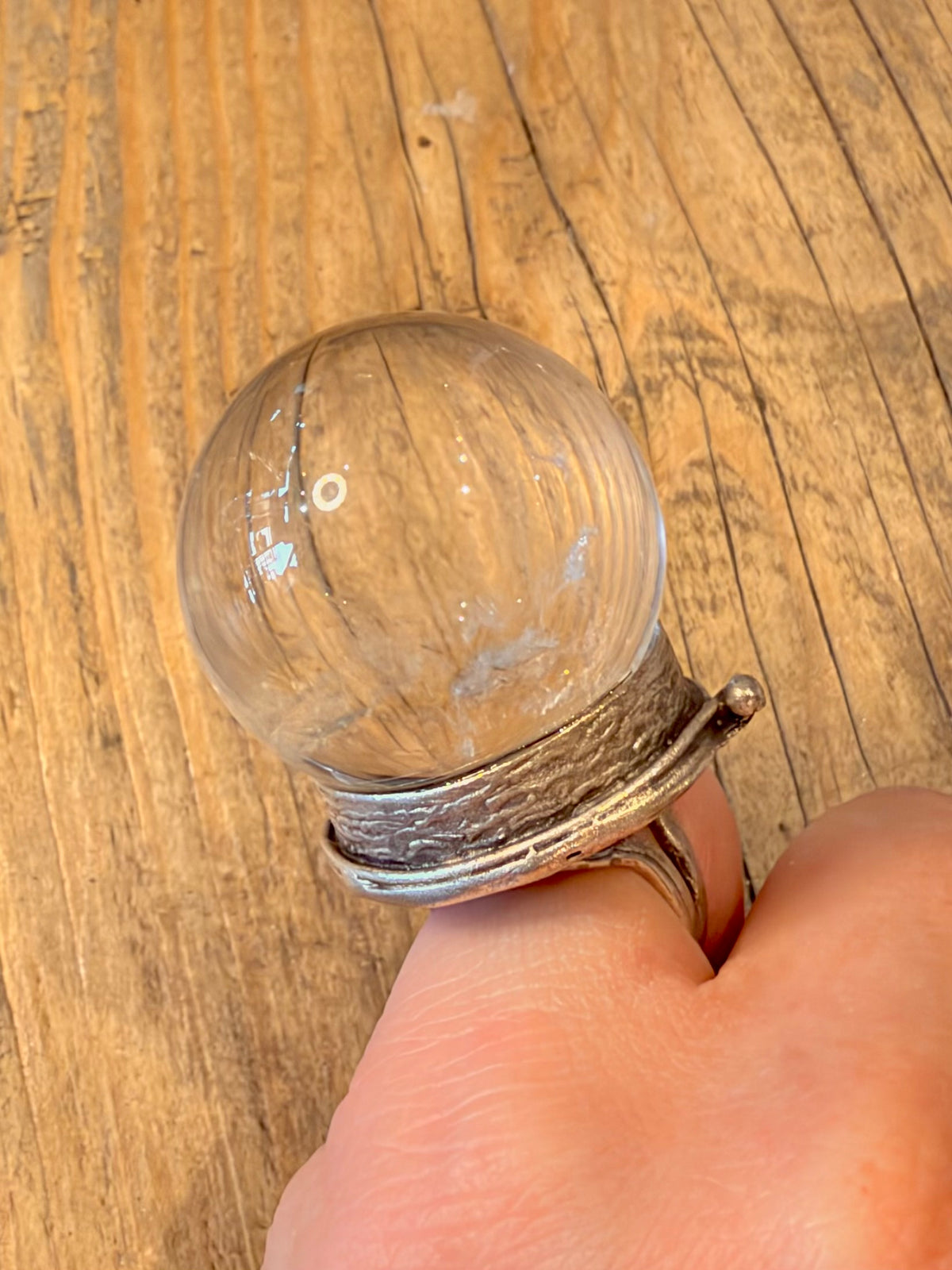 Large Clear Quarts Ball Textured Silver Plate Size M Adjustable Costume Ring