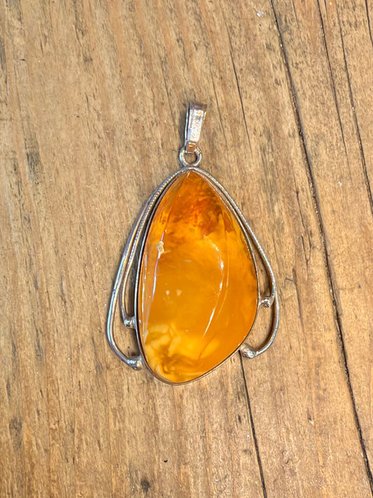 Large Teardrop Shaped Baltic Amber 925 Sterling Silver Pendant