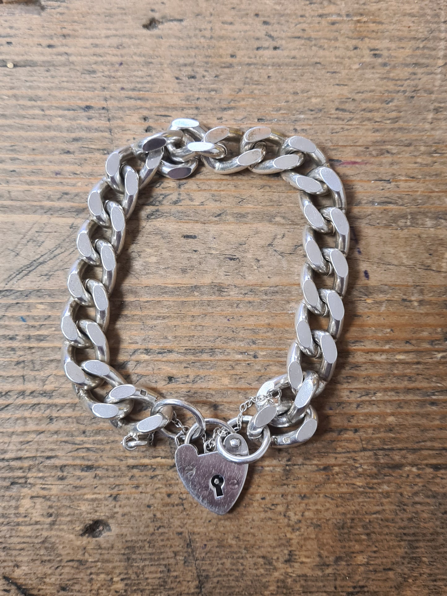 Vintage Heart Padlock Chunky Curb Chain 925 Silver Bracelet