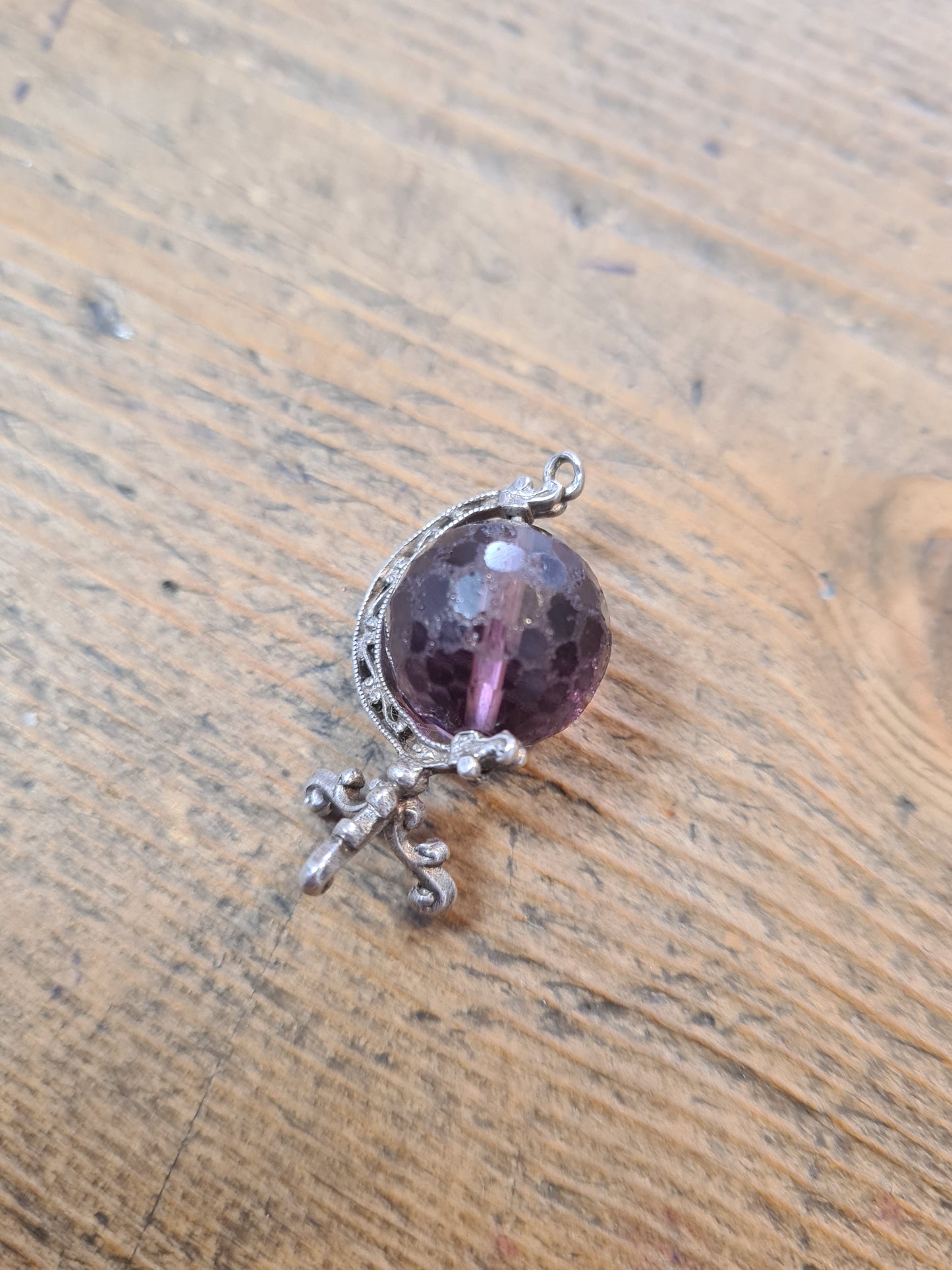 Vintage Purple Bead Faceted Silver Charm Pendant